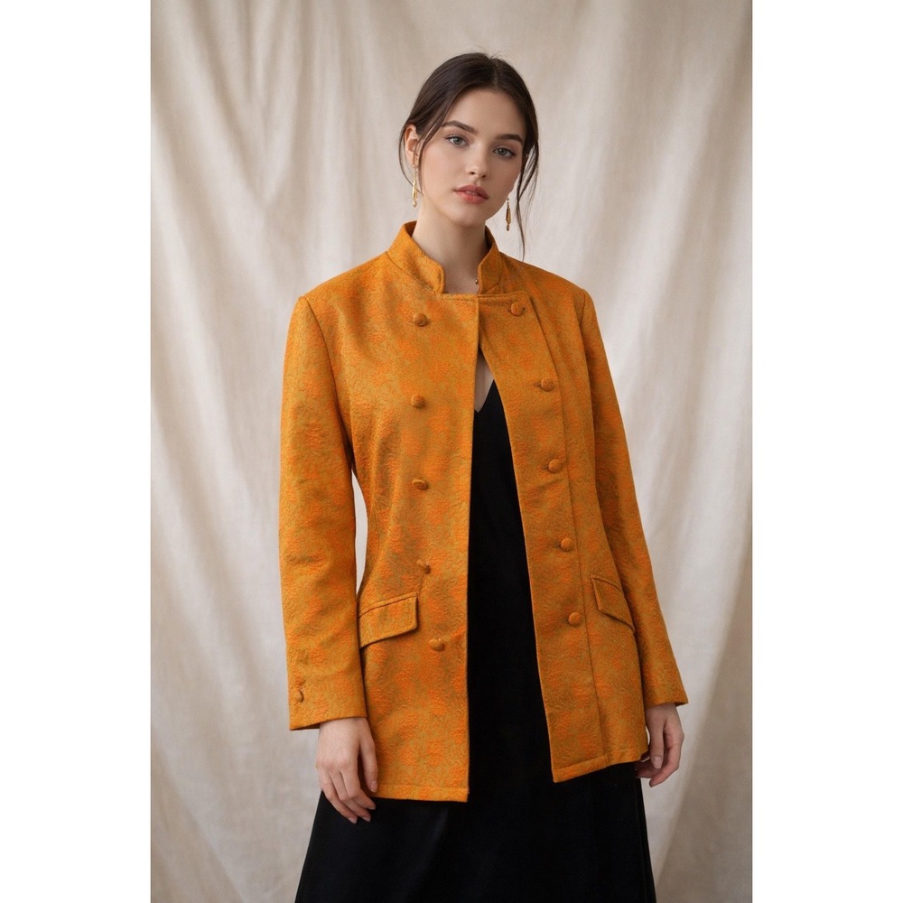 Vintage Gold Brocade Mandarin Collar Jacket Asian Inspired Mod Boho Retro - Picture 2 of 7